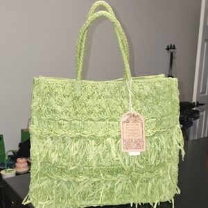 Handcrafted In India Green Fringe Tote Bag